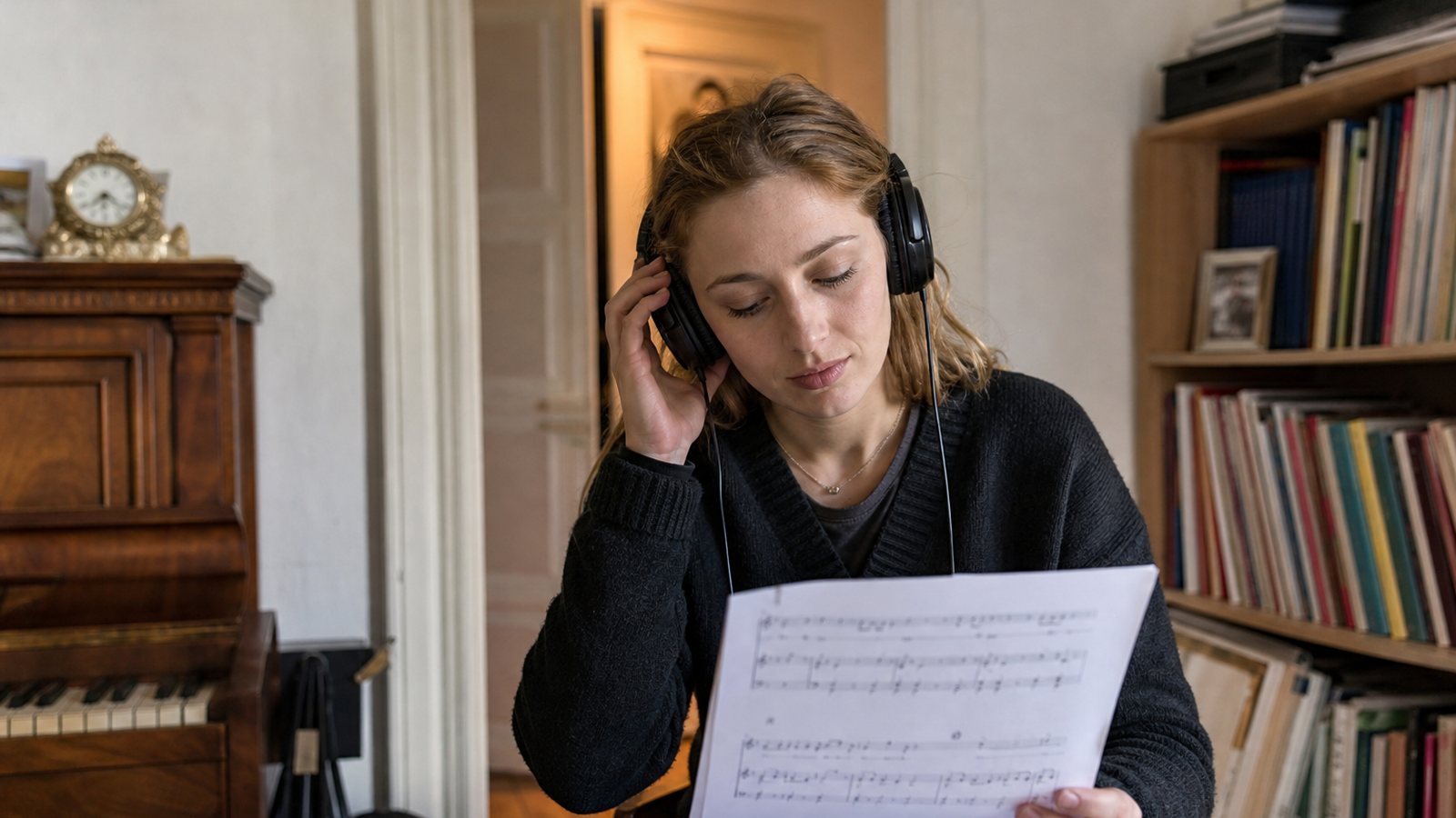 Choriste écoutant sa partie au casque en suivant la partition posée devant lui