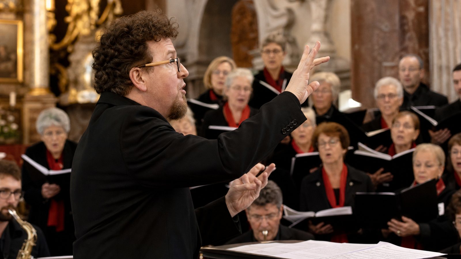 Chef de choeur dirigeant sa chorale, bras levés, pendant une répétition